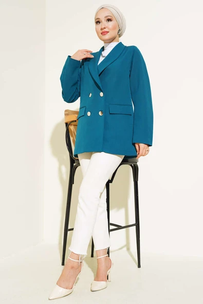 Dört Düğmeli Dabıl Ceket Petrol - Resim 2