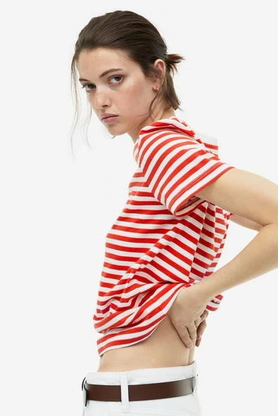 H&M Beyaz-Kırmızı Çizgili Tshirt - 3