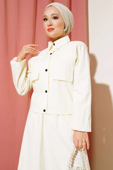 Çıtçıtlı Etekli Paraşüt İkili Takım Krem - Resim 2