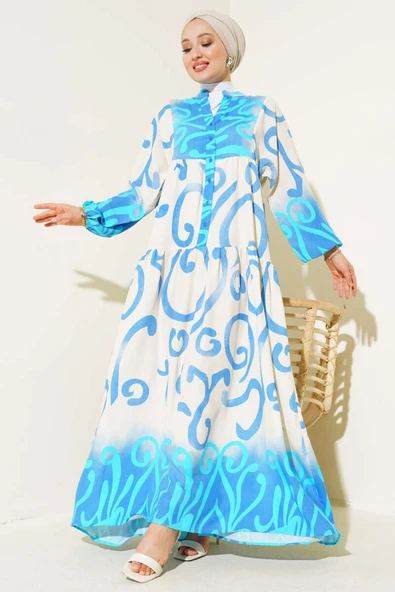 Yarım Düğmeli Etnik Desen Kat Elbise Mavi - Resim 2