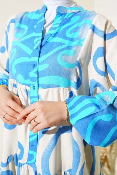 Yarım Düğmeli Etnik Desen Kat Elbise Mavi - Resim 4