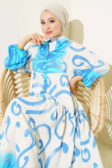 Yarım Düğmeli Etnik Desen Kat Elbise Mavi ürün görseli 1