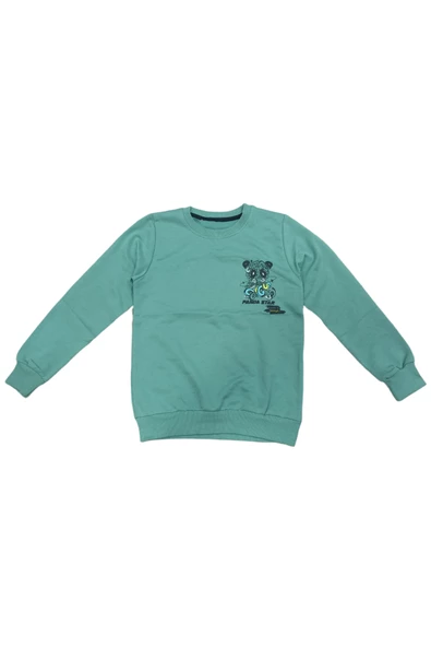 Erkek Çocuk Panda Star Önü Arkası Yazı Resim Desenli Yeşil Renk Sweatshirt