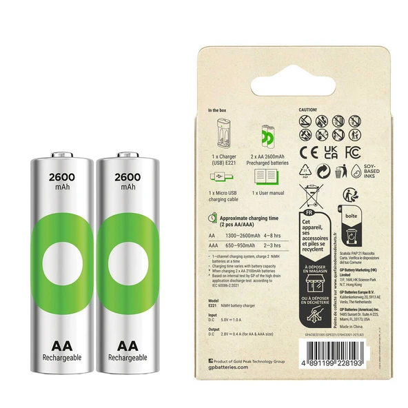 Gp Recyko 2600 mAh R6 AA Pilli Şarj Cihazı GP-E221 270AHCER21 2GTLB2 Pil Şarj Aleti + 2 Adet AA Kalem Pil - 3