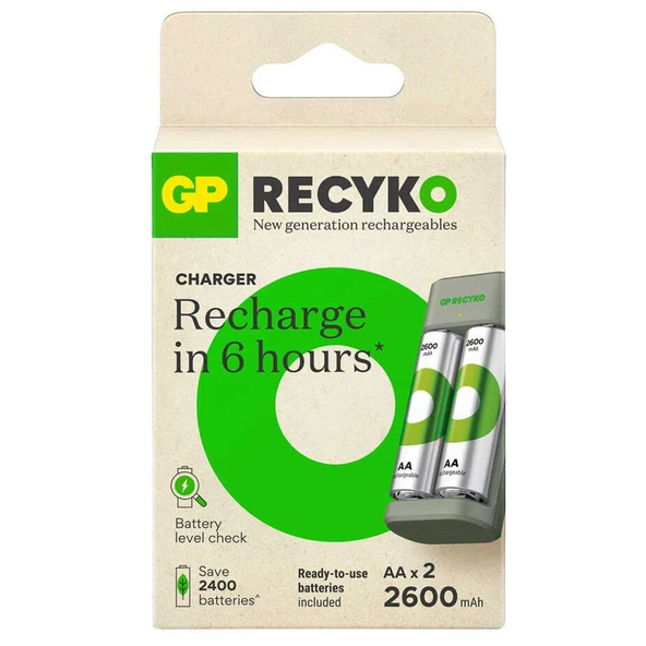 Gp Recyko 2600 mAh R6 AA Pilli Şarj Cihazı GP-E221 270AHCER21 2GTLB2 Pil Şarj Aleti + 2 Adet AA Kalem Pil - 6