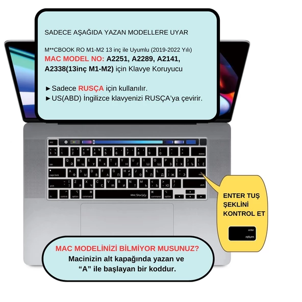 Rusça Klavye Koruyucu Macbook Pro M1-M2 13 inç 2019/2022 (Touchbarlı) A2251 A2289 A2338 A2141 US Enter ile Uyumlu - 2