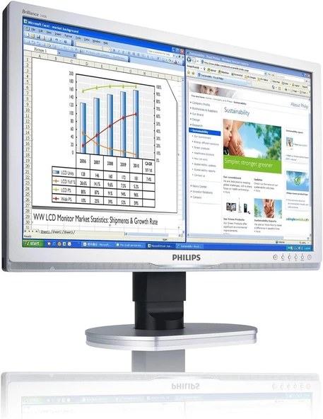 Philips 240B1CS 61 cm (24 inç) LCD Monitör (DVI, VGA, USB, 5 ms tepki süresi) gümüş-siyah