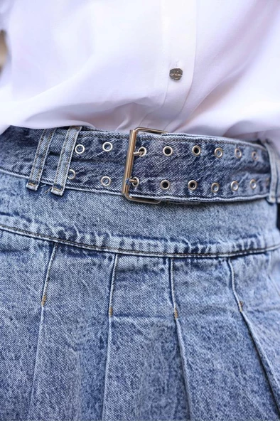 BPM Kemerli Pileli Denim Etek - 3