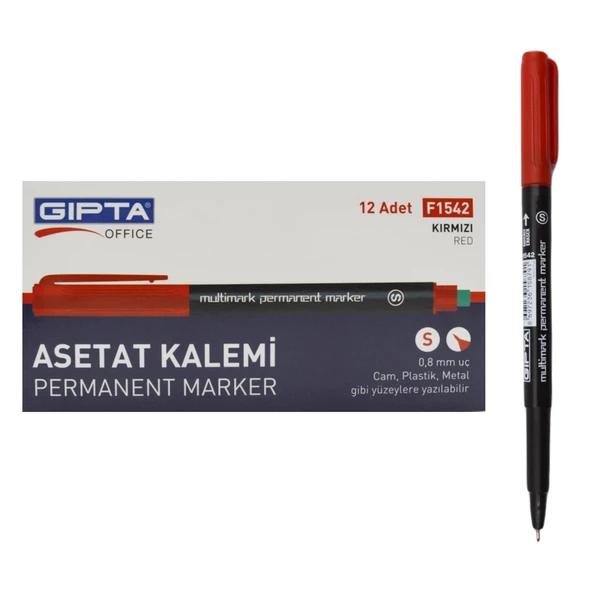 Gıpta Permanent Asetat Kalemi Silgili S Uç 12 Adet Kırmızı F1542