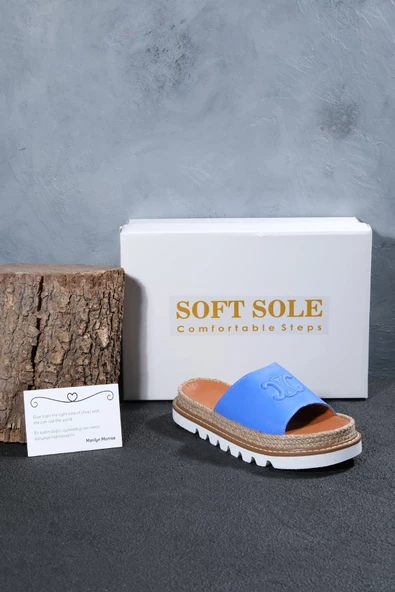 Kadın Mavi Renk Baskılı Hasırlı Eva Tabanlı Hakiki Deri Terlik - 2