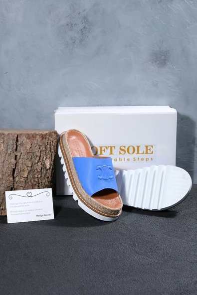 Kadın Mavi Renk Baskılı Hasırlı Eva Tabanlı Hakiki Deri Terlik - 3