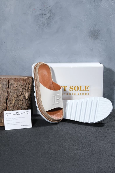 Kadın Bej Renk Baskılı Hasırlı Eva Tabanlı Hakiki Deri Terlik - 3