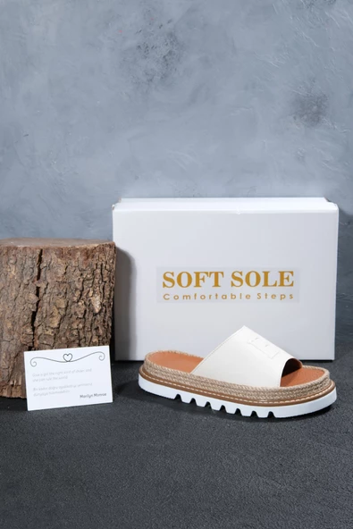 Kadın Bej Renk Baskılı Hasırlı Eva Tabanlı Hakiki Deri Terlik - 2