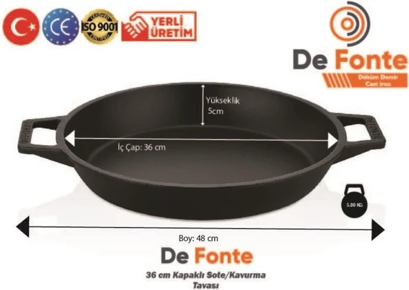 Defonte Döküm Demir Çap 36 cm Kavurma Tavası Yuvarlak Cam Kapak - Resim 2