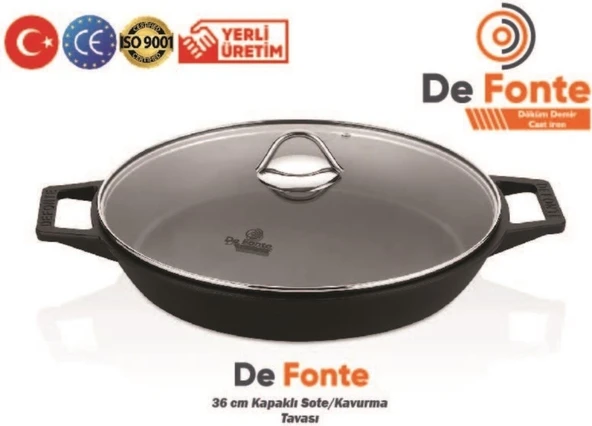 Defonte Döküm Demir Çap 36 cm Kavurma Tavası Yuvarlak Cam Kapak ürün görseli 1