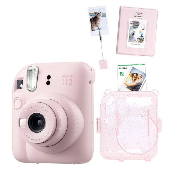 Fujifilm Instax Mini 12 Pembe Fotoğraf Makinesi 10'lu Film PVC Albüm ve Simli Pleksi Kılıf Seti