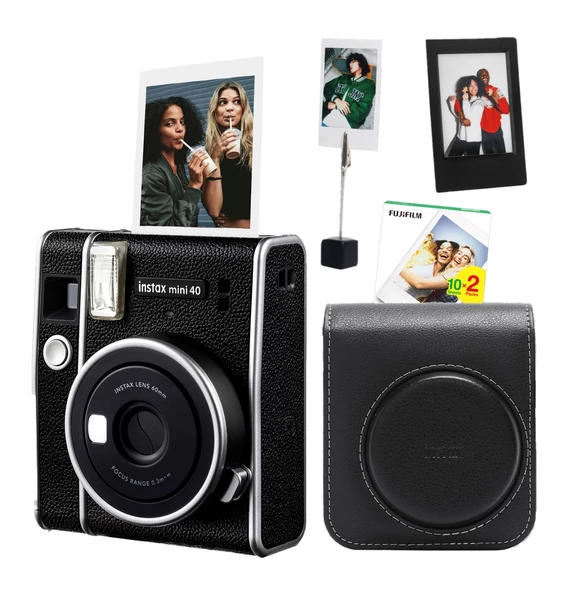 Fujifilm Instax Mini 40 Fotoğraf Makinası 20'li Film Deri Kılıf Çerçeve ve Kıskaçlı Foto Stand Seti