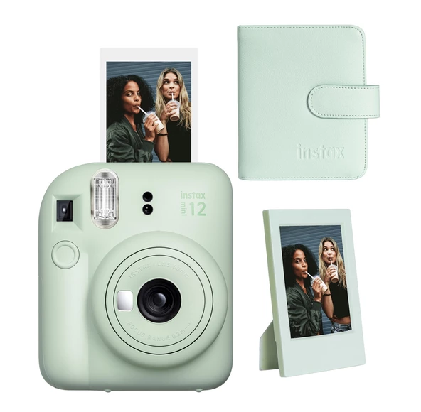 Fujifilm Instax Mini 12 Yeşil Fotoğraf Makinesi-Çerçeve ve 64'lü Kare Albüm Seti