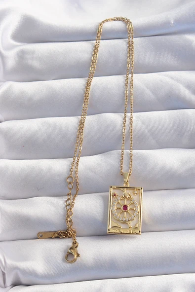 316L Çelik Zincir Gold Renk Pembe Zirkon Taşlı Tarot Kolye - TJ-BKO8982 - 2