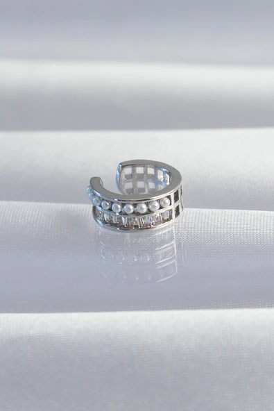 Pirinç Gümüş Renk İncili Baget Taşlı Earcuff Küpe - TJ-BKP9338