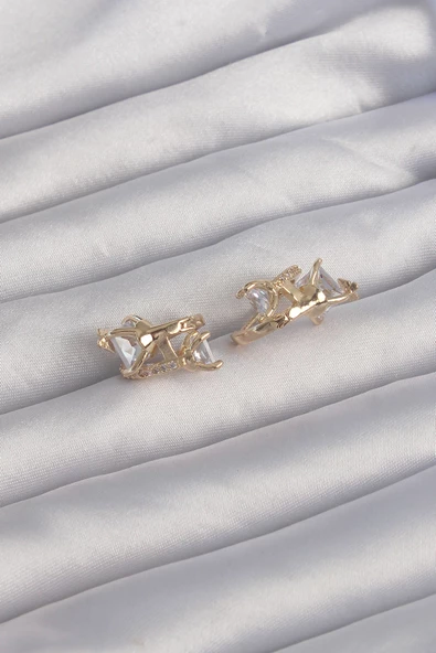 Pirinç Gold Renk İri Zirkon Taşlı Kıvrımlı Minimal Kelebekli Halka Küpe - TJ-BKP9289 - 1