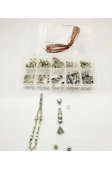 Epoksi Doğaltaş Tesbih Püskül Seti .10 Adet Tesbih Yapımı Metal Imame Üçgen Boncuk Arası Düğümlük