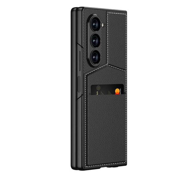 Galaxy Z Fold 6 Kılıf Karbon Fiber Deri Kartlıklı Redclick Kıpta Dik Açılan Kartlıklı Kapak - Resim 4