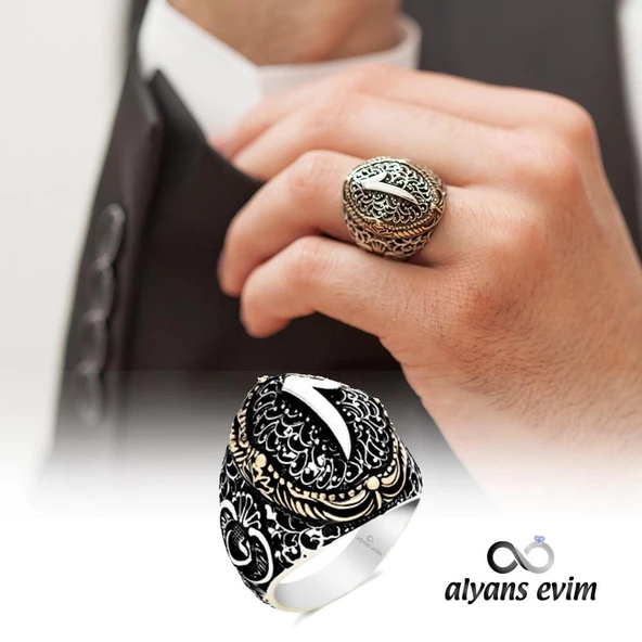 Gümüş Kenarları Vav Üst Elif Harfli Erkek Yüzük - Resim 3