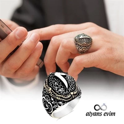 Gümüş Kenarları Vav Üst Elif Harfli Erkek Yüzük - Resim 6