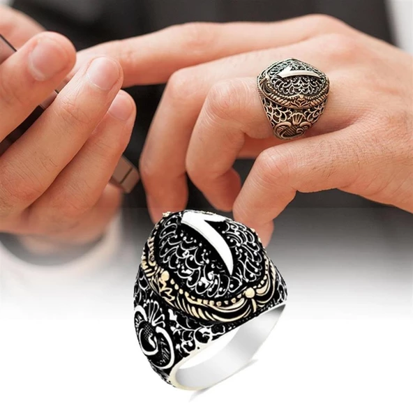 Gümüş Kenarları Vav Üst Elif Harfli Erkek Yüzük - Resim 9