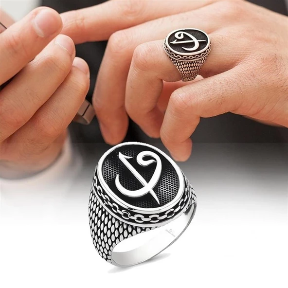 Oval Elif Vav Harfli 925 Gümüş Erkek Yüzük - 9