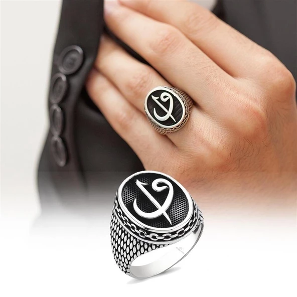 Oval Elif Vav Harfli 925 Gümüş Erkek Yüzük - 10