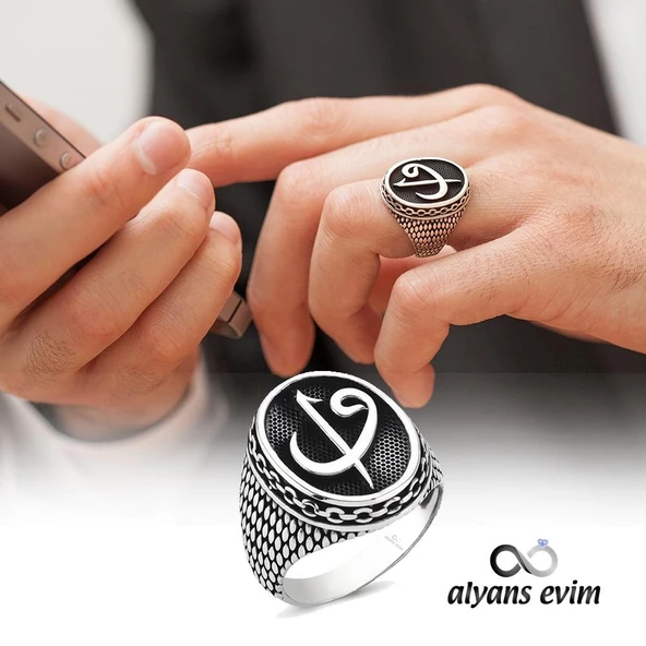 Oval Elif Vav Harfli 925 Gümüş Erkek Yüzük - 3