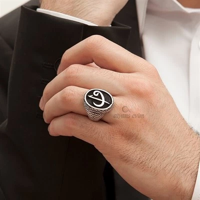 Oval Elif Vav Harfli 925 Gümüş Erkek Yüzük - 6