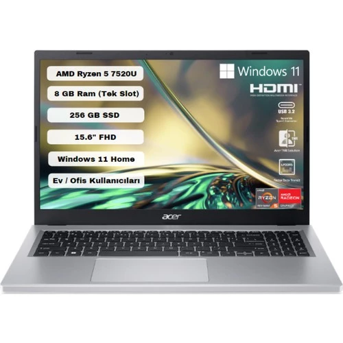 ACER ASİPER 3 A315-24P-R027 AMD RYZEN 5 7520U 8GB RAM 256GB SSD PAYLAŞIMLI 15.6" FULL HD IPS