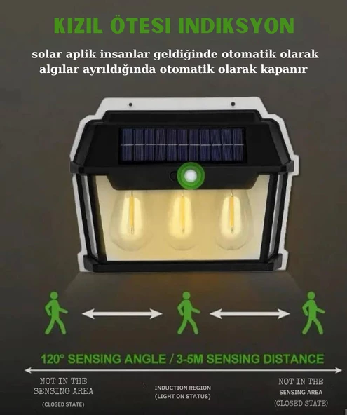 Solar penelli hareket algılama sensörlü otomatik kapanma özelliğine sahip kızıl ötesi aplik - 2