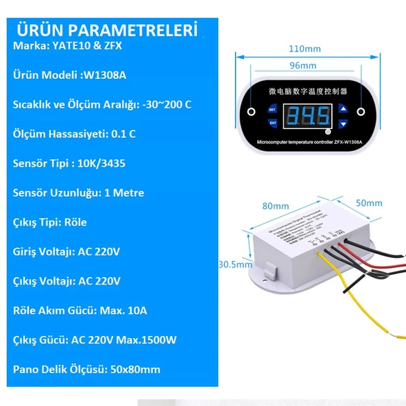 Yate10 W1308A 220V 10A -30+200C Termostat - 4