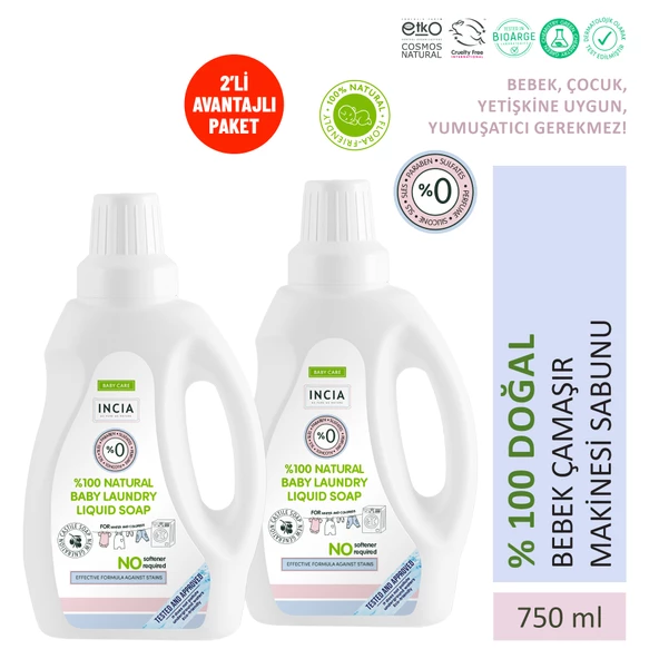 INCIA %100 Doğal Bebek Çamaşır Sabunu (Bitkisel Deterjan) Yumuşatıcılı Lavanta 750 ml X2 Adet