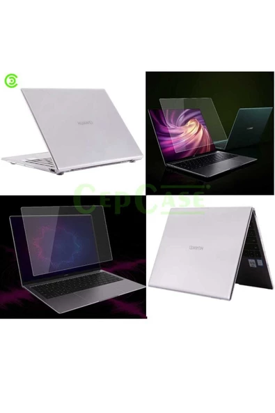 CEPCASE    Huawei Matebook D14 2020 Kılıf Kristal Parlak Şeffaf Tasarım Hava Kanallı Kapak + Ekran Koruma Set