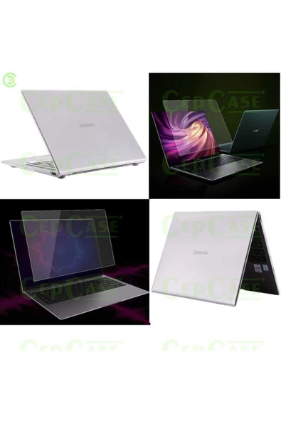 CEPCASE    Huawei Matebook D15 2020-2021 Kılıf Kristal Parlak Şeffaf Tasarım Hava Kanallı Kapak + Ekran Koruma