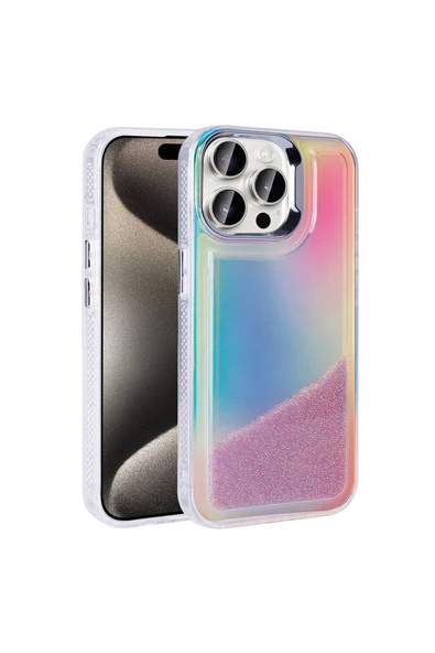 CEPCASE    Apple  iPhone 15 Pro Max Kılıf Parlak Renkli Boncuk Kinetik Kumlu Sıvılı Arka Yüzey Antişok Kapak