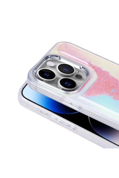 CEPCASE    Apple  iPhone 14 Pro Kılıf Parlak Renkli Boncuk Kinetik Kumlu Sıvılı Arka Yüzey Antişok Kapak - Resim 3