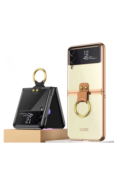 CEPCASE    Galaxy Z Flip 3 Kılıf Yüzüklü Lens Korumalı Metal Görünümlü Kapak - Resim 4