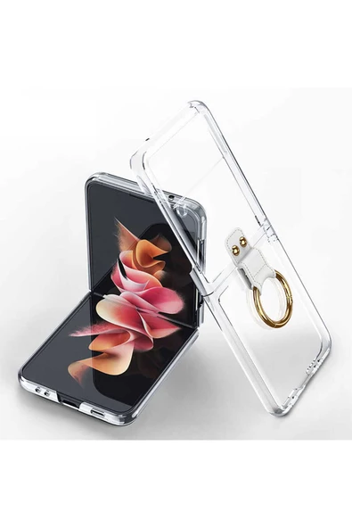 CEPCASE    Galaxy Z Flip 3 Kılıf Yüzüklü Lens Korumalı Metal Görünümlü Kapak