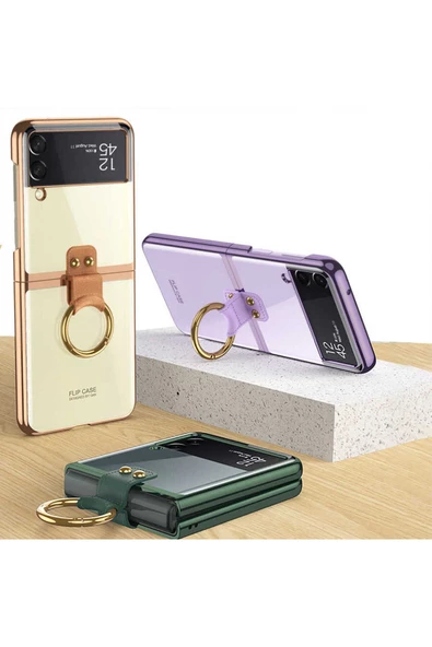 CEPCASE    Galaxy Z Flip 3 Kılıf Yüzüklü Lens Korumalı Metal Görünümlü Kapak - Resim 3