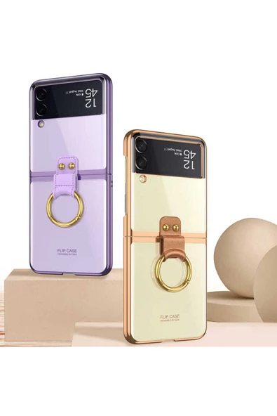 CEPCASE    Galaxy Z Flip 3 Kılıf Yüzüklü Lens Korumalı Metal Görünümlü Kapak - Resim 4
