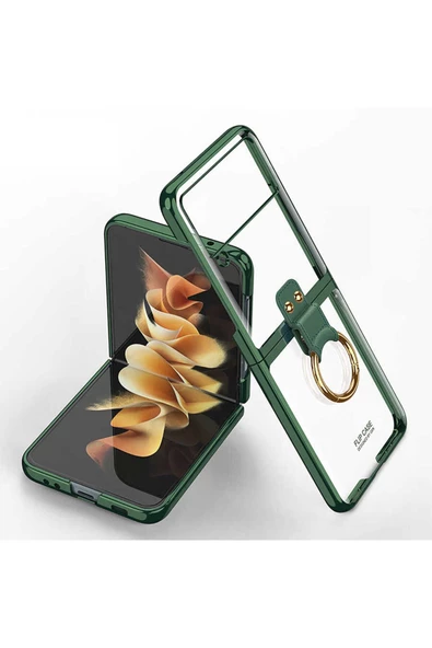 CEPCASE    Galaxy Z Flip 3 Kılıf Yüzüklü Lens Korumalı Metal Görünümlü Kapak - Resim 2