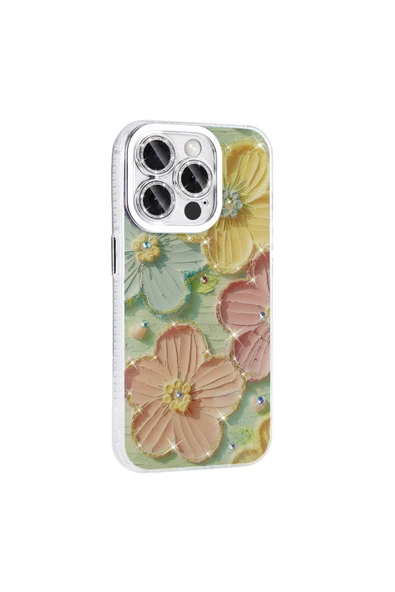 CEPCASE    Apple  iPhone 15 Pro Kılıf Flower Garden Desenli Diamond Taşlı Parlak Hard Silikon Kapak - Resim 6