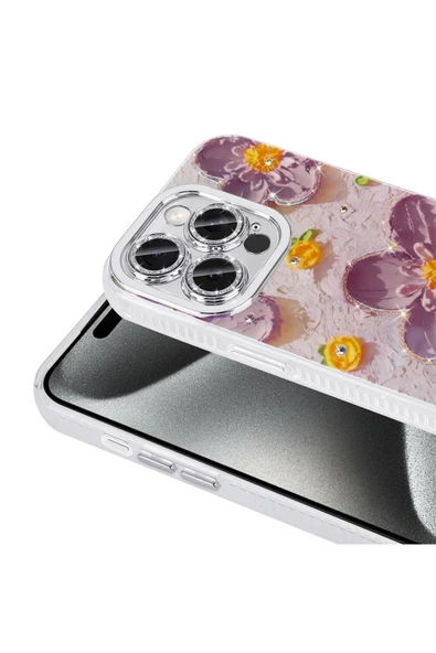 CEPCASE    Apple  iPhone 15 Pro Kılıf Flower Garden Desenli Diamond Taşlı Parlak Hard Silikon Kapak - Resim 4
