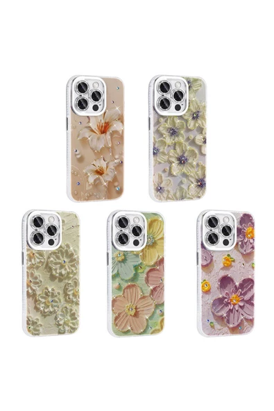 CEPCASE    Apple  iPhone 15 Pro Kılıf Flower Garden Desenli Diamond Taşlı Parlak Hard Silikon Kapak - Resim 7